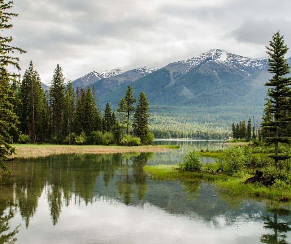 A beautiful landscape with a mountain range in the background and a still reflective pin in the forefront.