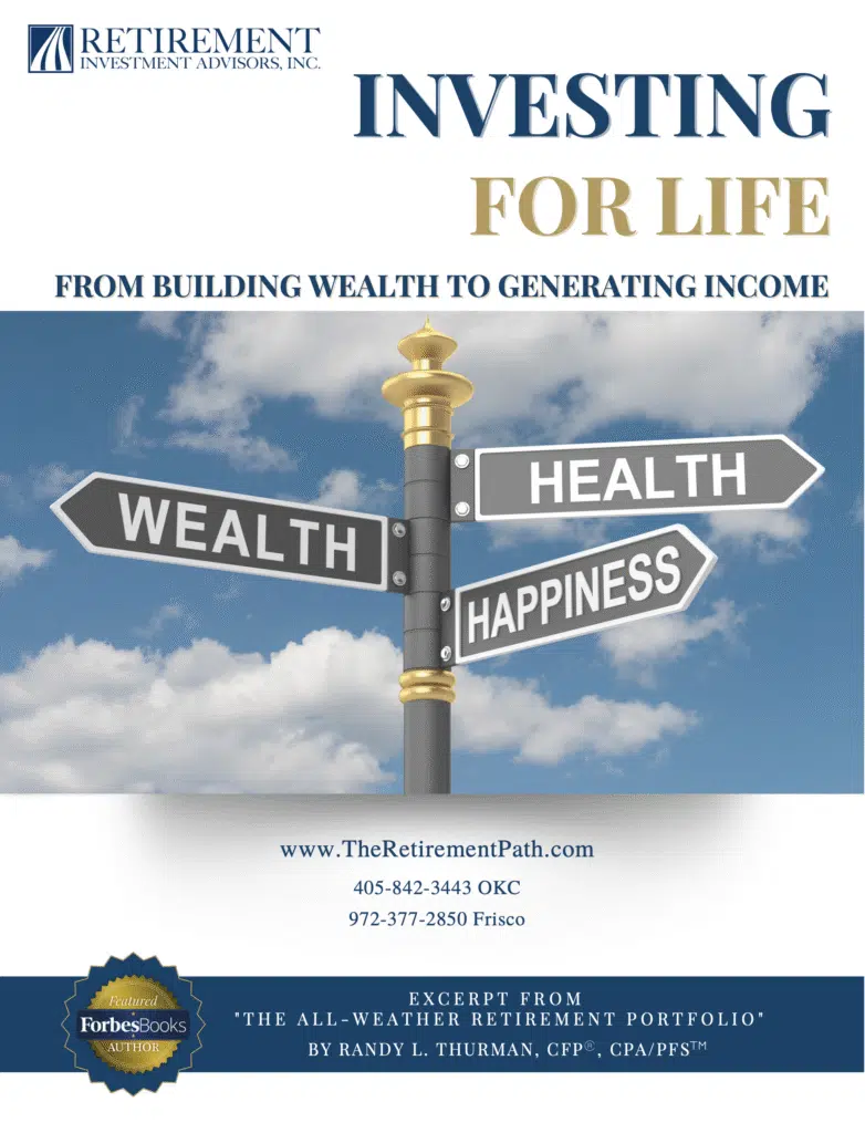 Cover image for Retirement Investment Advisors, Inc.'s E-Book with the title of “Investing for Life” with a subheading “From Building Wealth to Generating Income.” A street sign graphic against a blue sky shows arrows labeled “Wealth,” “Health,” and “Happiness.” Contact details and a ForbesBooks author badge appear at the bottom.
