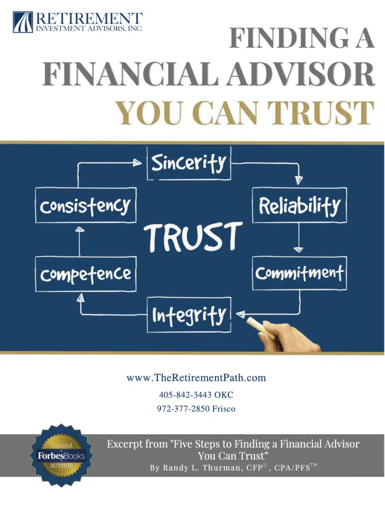 Cover image for Retirement Investment Advisors, Inc.'s E-Book with the title of “Finding a Financial Advisor You Can Trust.” A diagram on a blue chalkboard-style background shows “TRUST” at the center, connected to words like sincerity, reliability, commitment, integrity, competence, consistency. A hand is shown writing with chalk, and contact information along with a ForbesBooks Author badge appears at the bottom.