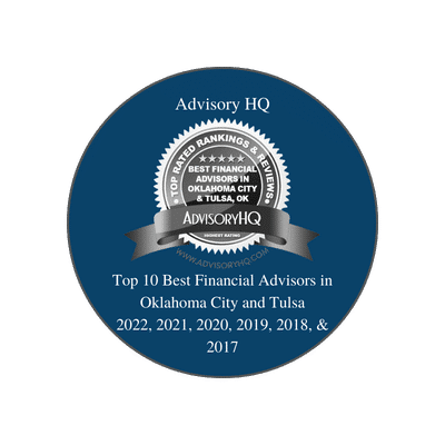 This image is an **award badge from AdvisoryHQ**. It recognizes honorees as part of the **“Top 10 Best Financial Advisors in Oklahoma City and Tulsa”** for the years: **2022, 2021, 2020, 2019, 2018, and 2017**. The badge is circular with a **navy-blue background**. It features a silver seal in the center with the **AdvisoryHQ logo** and the words *Top Rated Rankings & Reviews*. This award highlights repeated recognition for excellence in financial advising across multiple years in both **Oklahoma City and Tulsa**.