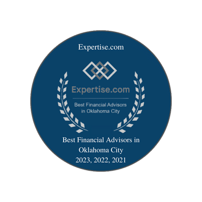 This image is an **award badge from Expertise.com**. It recognizes honorees as **“Best Financial Advisors in Oklahoma City”** for the years: **2023, 2022, and 2021**. The design features a navy-blue circular background with the **Expertise.com logo** at the top, laurel branches surrounding the central text, and award details below. This award highlights consistent recognition for excellence in financial advising in Oklahoma City across three consecutive years.