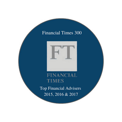 This image is an **award badge from the Financial Times 300**. It recognizes recipients as **“Top Financial Advisers”** for the years: **2015, 2016, and 2017**. The design features a dark blue circular background with the **Financial Times (FT) logo** in the center and the award details displayed above and below it. This award highlights recognition for excellence in financial advising across three consecutive years.