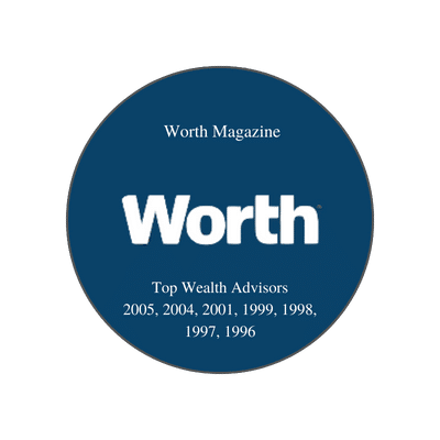 This image is an **award badge from Worth Magazine**. It recognizes honorees as **“Top Wealth Advisors”** for the years: **2005, 2004, 2001, 1999, 1998, 1997, and 1996**. The badge design features a navy-blue circular background with the **Worth** logo in bold white text at the center, and award details above and below it. This award highlights consistent recognition for excellence in wealth advisory services across multiple years.