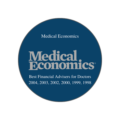 This image is an **award badge from Medical Economics**. It recognizes recipients as **“Best Financial Advisers for Doctors”** for the years: **2004, 2003, 2002, 2000, 1999, and 1998**. The design features a dark blue circular background with **Medical Economics®** in large silver text and the award details displayed above and below it. This highlights recognition specifically for excellence in providing financial advice to medical professionals.