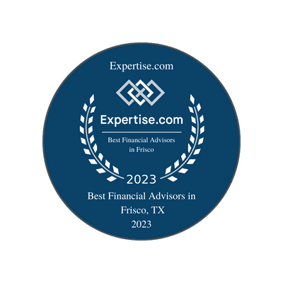This image is a **2023 award badge from Expertise.com**. It recognizes a firm as one of the **Best Financial Advisors in Frisco, TX (2023)**. The design features a navy-blue circular background with white text, laurel wreaths on both sides, and the **Expertise.com logo** at the top. This award highlights excellence in financial advisory services within the Frisco area.