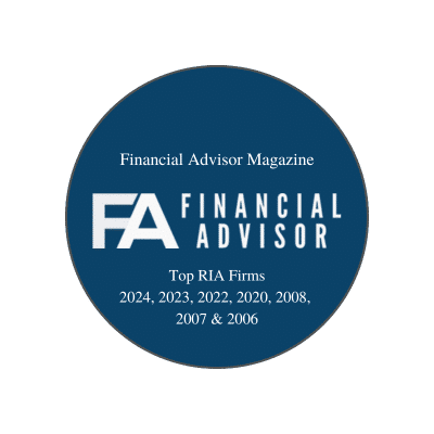 This image is an award badge from Financial Advisor Magazine recognizing a firm as one of the Top RIA Firms. The badge highlights multiple years of recognition: 2024, 2023, 2022, 2020, 2008, 2007, and 2006. The design features a navy-blue circle with white text and the FA Financial Advisor logo prominently displayed in the center. This showcases consistent excellence and industry recognition over nearly two decades.
