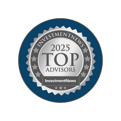 This image is a 2025 Top Advisors award badge from InvestmentNews. It features a silver medallion-style design with stars around the border, a blue background, and bold text in the center reading "2025 Top Advisors". At the bottom, the InvestmentNews logo is highlighted, showing that this recognition comes from their rankings. This award symbolizes recognition as one of the leading financial advisors for 2025.